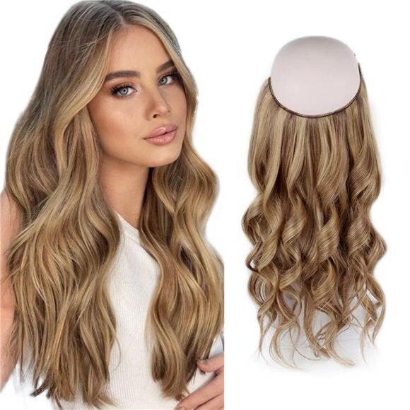 Fish Line Hair Extensions, Chestnut Brown w/Dark Blonde Highlights 22 Inch 100 G - Picture 1 of 7